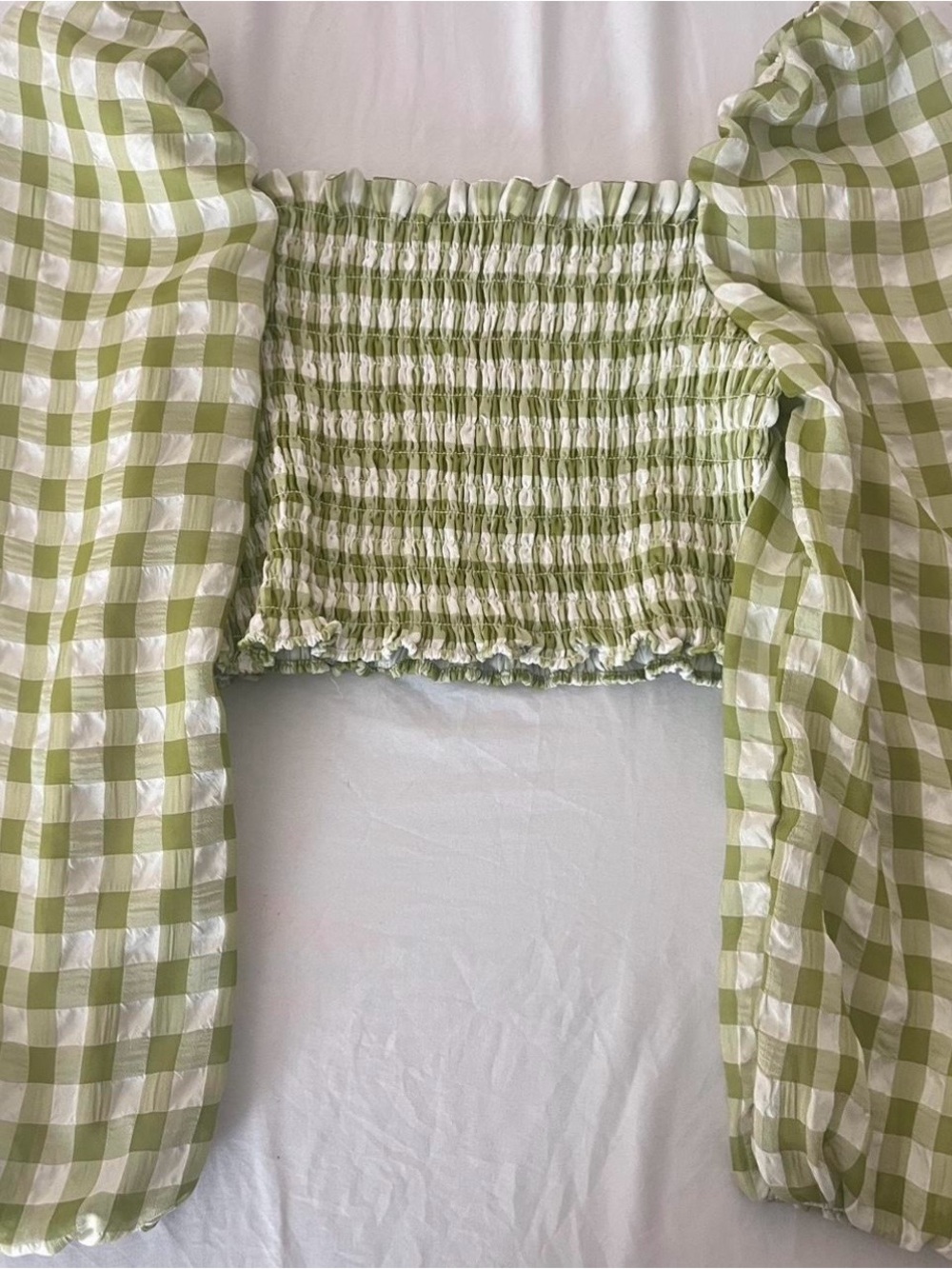 LoveShackFancy Light Green Gingham Smocked Crop Top